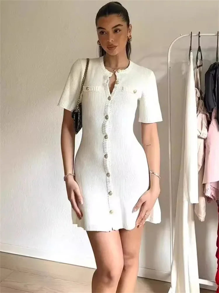 White Knit Mini Dress Short Sleeve Patchwork Pocket Loose Dress Knit Mini Dress