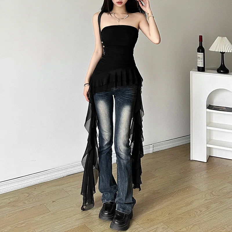 Solid Color Sweet Gentle Cute All-match Travel Chest Wrap ruched Tassel Vest