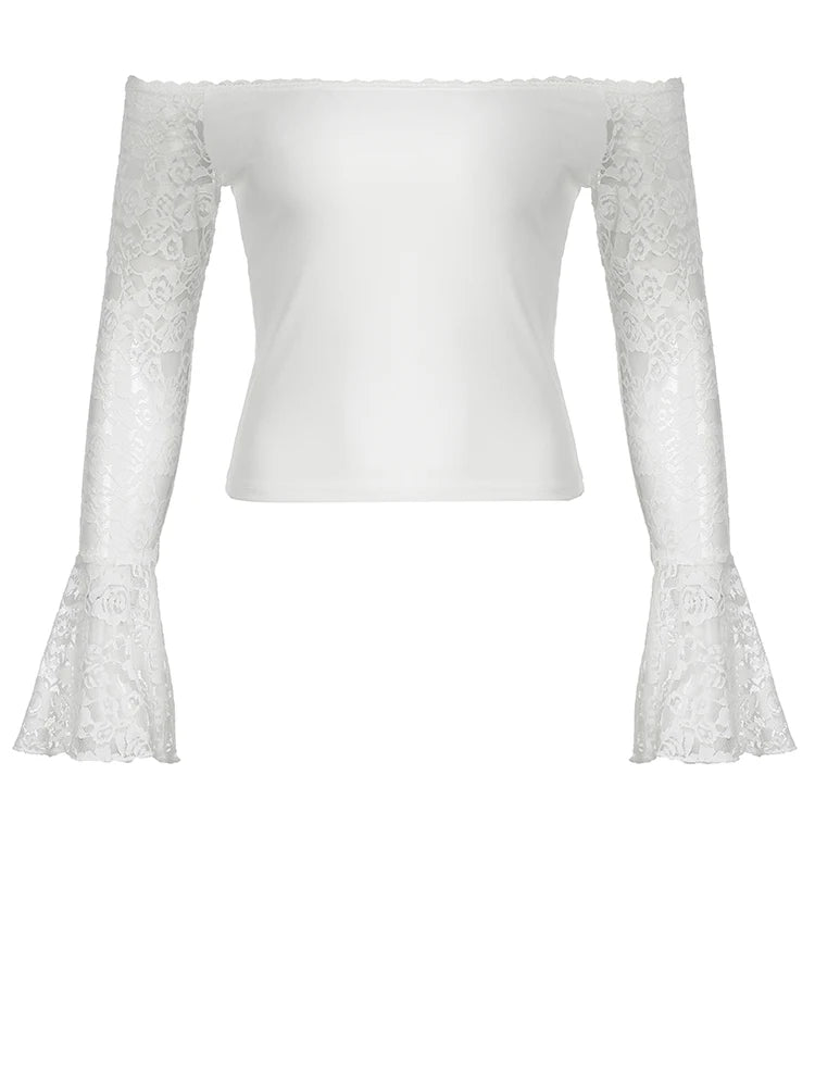 Lace Patckwork Tee Shirt Flare Sleeve Slah Neck Slim Cropp Top