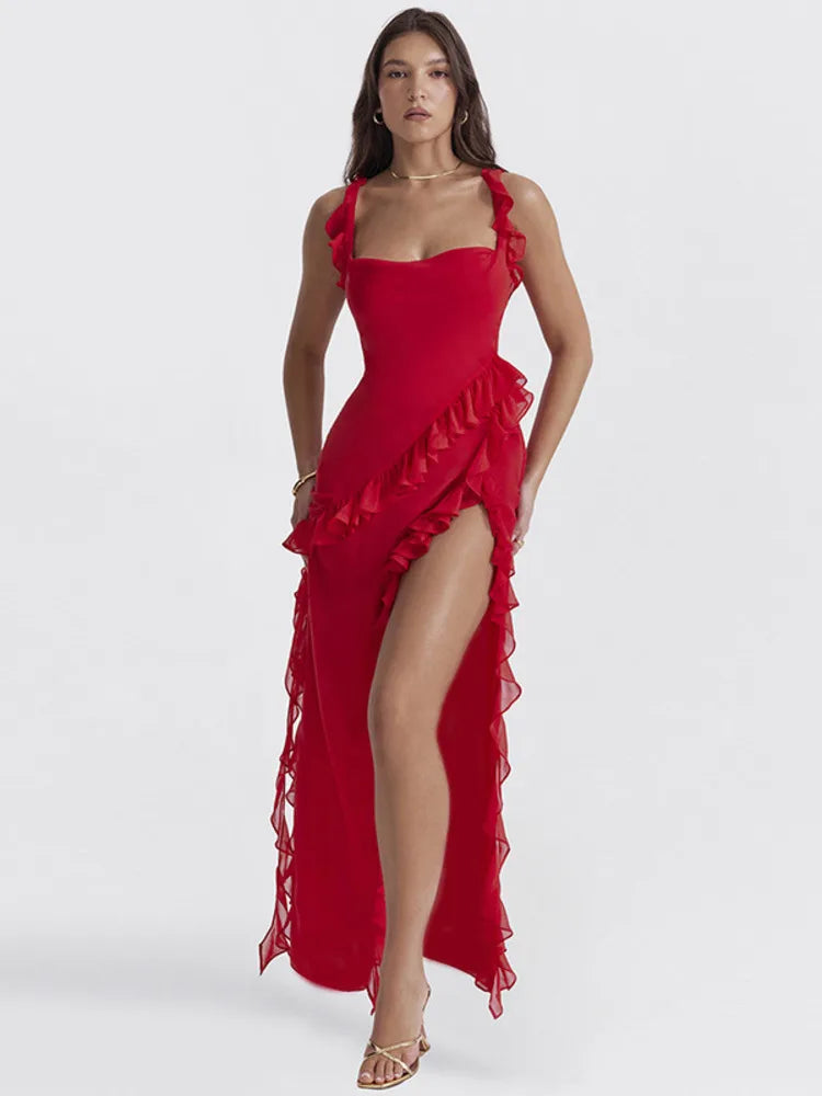 Red Ruffle Split Backless Midi Dress