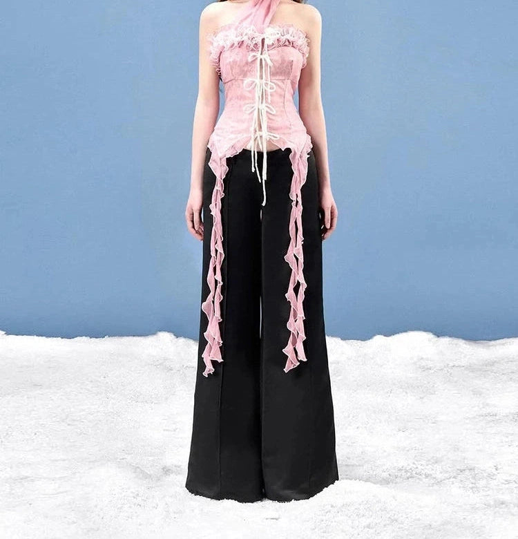Mesh Scarf Patchwork Lace Ruffled Irregular Hem Long Tassels Frenulum Street Skinny Versatile Girly Sweet Top
