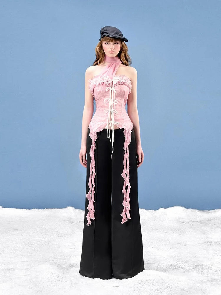 Mesh Scarf Patchwork Lace Ruffled Irregular Hem Long Tassels Frenulum Street Versatile Girly Sweet Top
