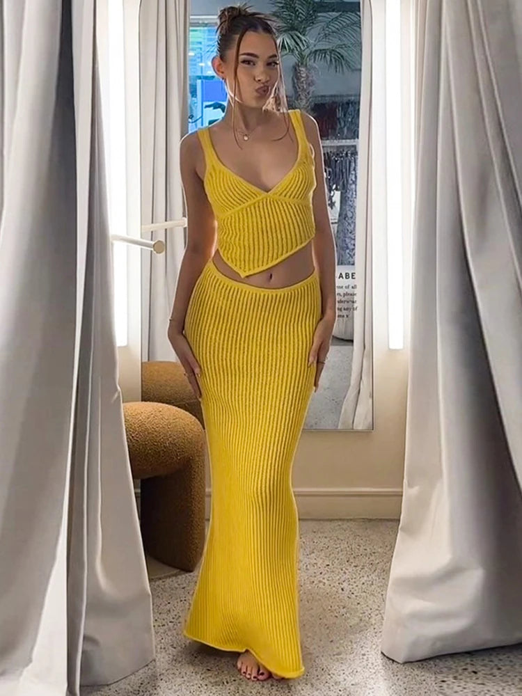 Hollow Knit Skirt Suit V Neck Navel Expose Top Long Skirt See Through Crochet Dress Set