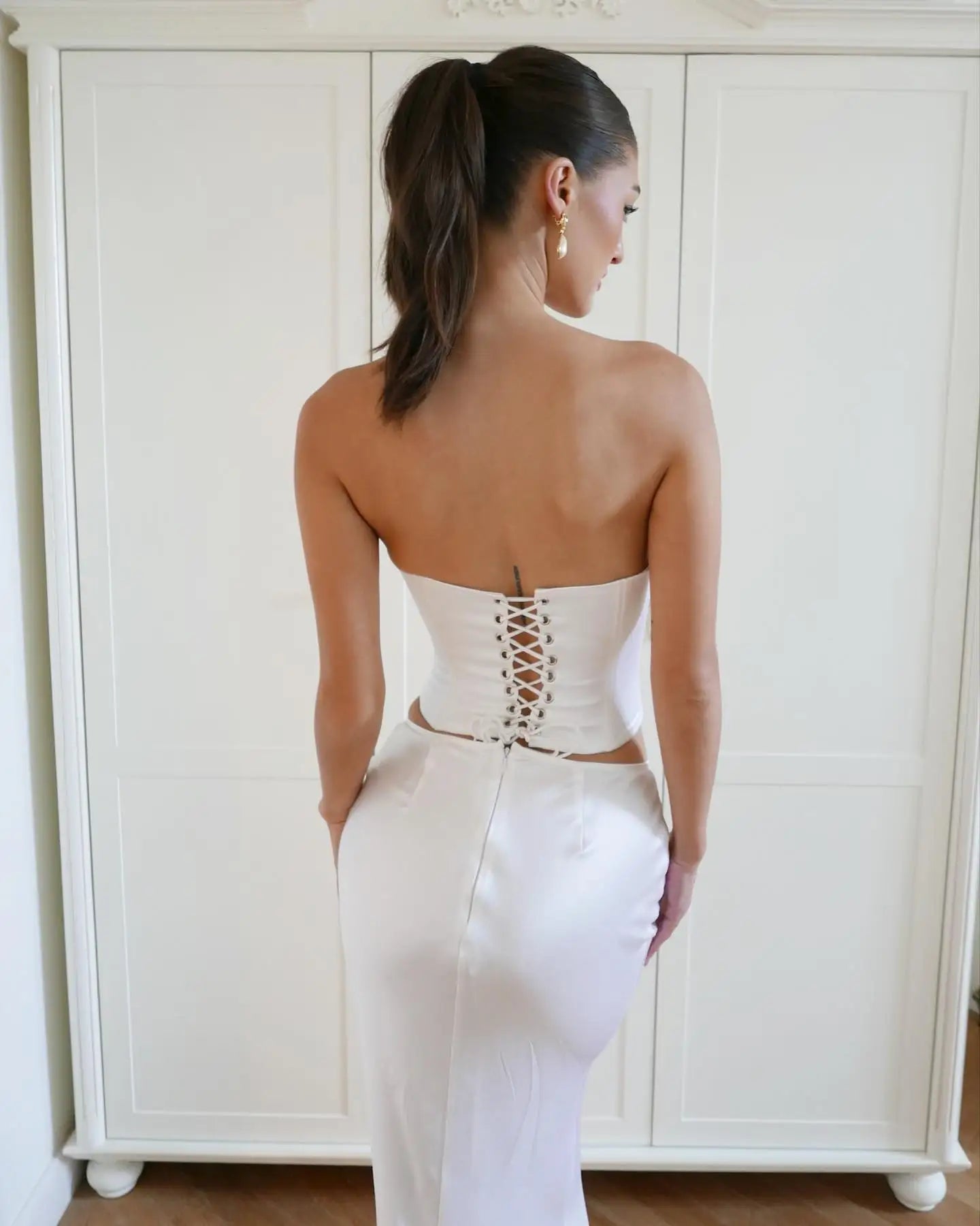 Lace Up Croset Crop Top Maix Skirt Set Satin Two Piece Set Matching Co Ord