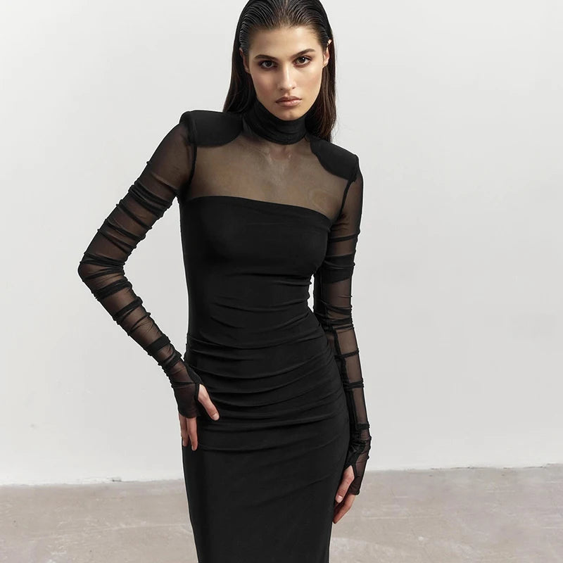 Meh See Through Sheath Dress Long Sleeve Collar Bodycon
