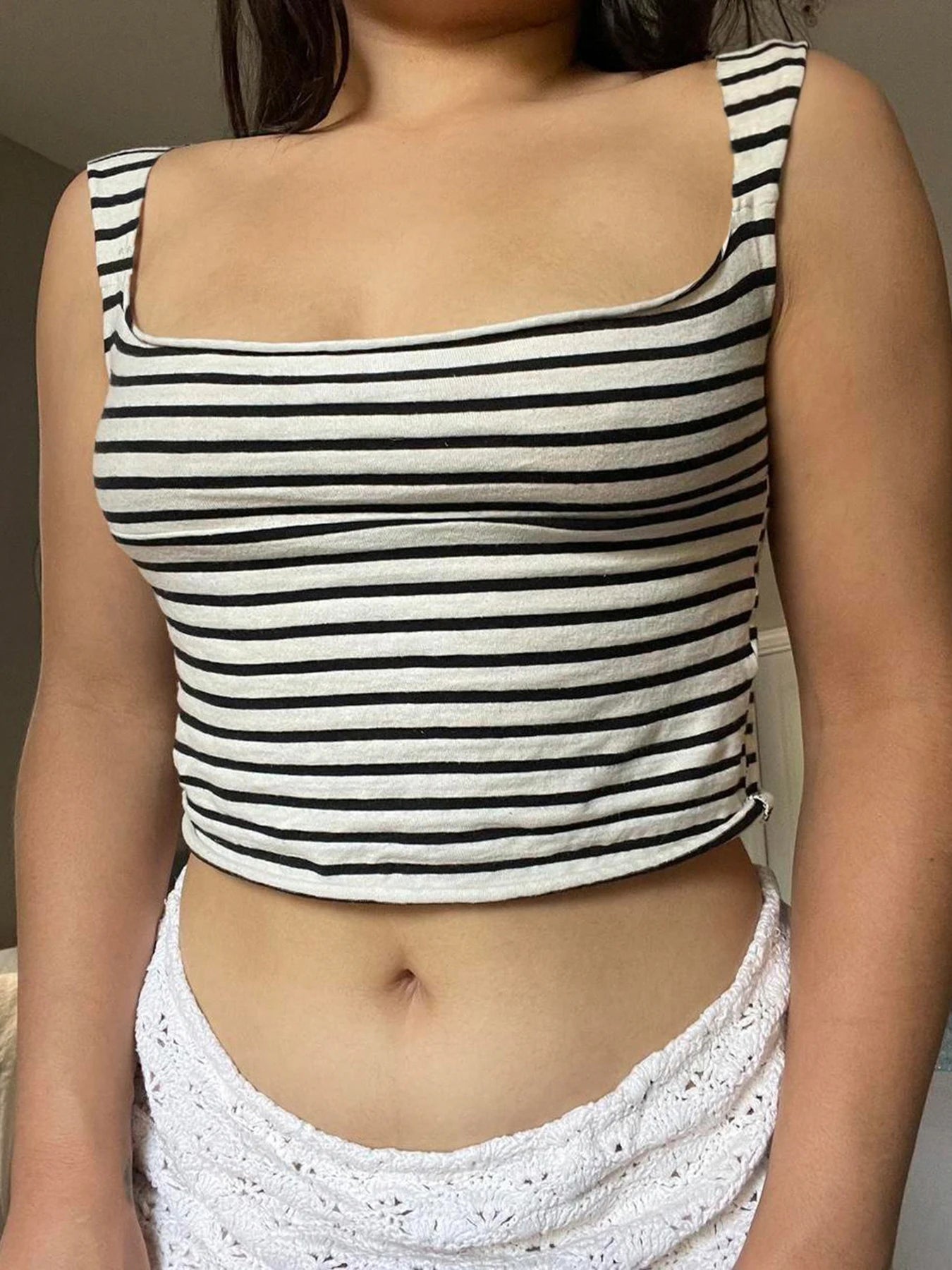 Retro Striped Print Tank Top Crop Shirts Slim Fairycore