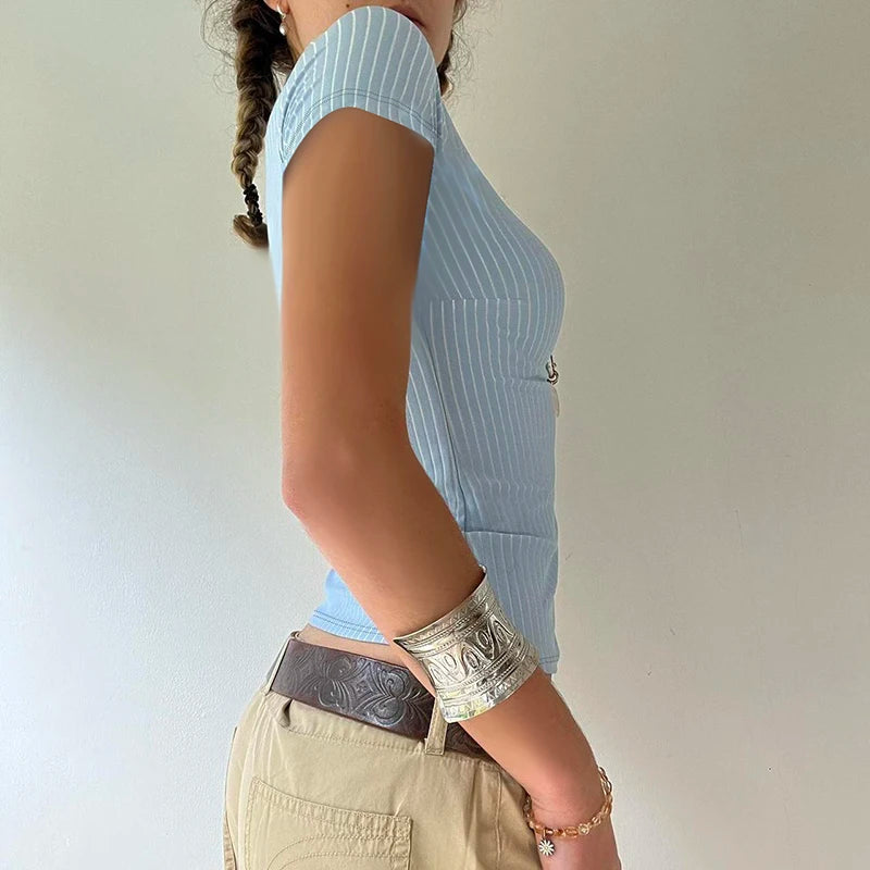 Button Up Tee Shirts Striped Print Short Sleeves 's Top