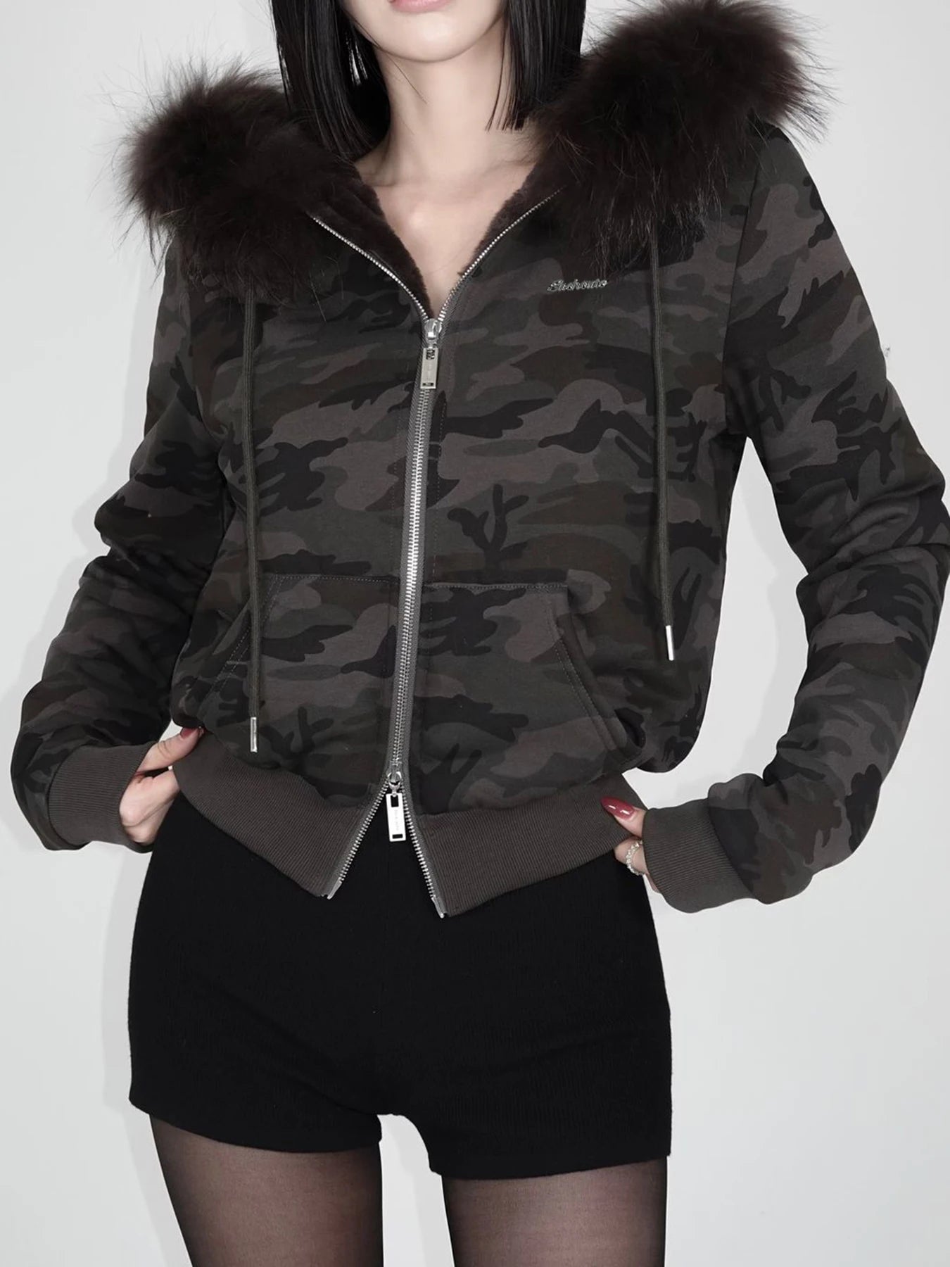 Zip Up Crop Hoodie Coats Camouflage 's Jackets Pockets Fur Neck
