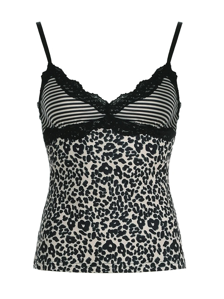 Striped Leopard Print Slim Camisole V-Neck Backless Top Lace Patchwork Retro Bow Vest