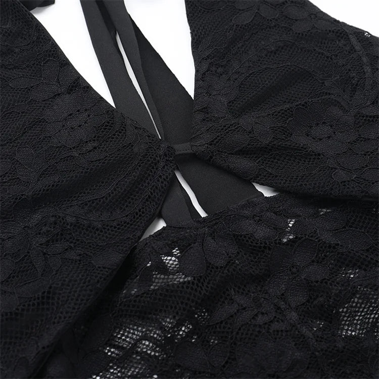 Lace Sheer Mini Dress Halter Bandage Backless V-neck Embroidered Patchwork Bodycon Robe