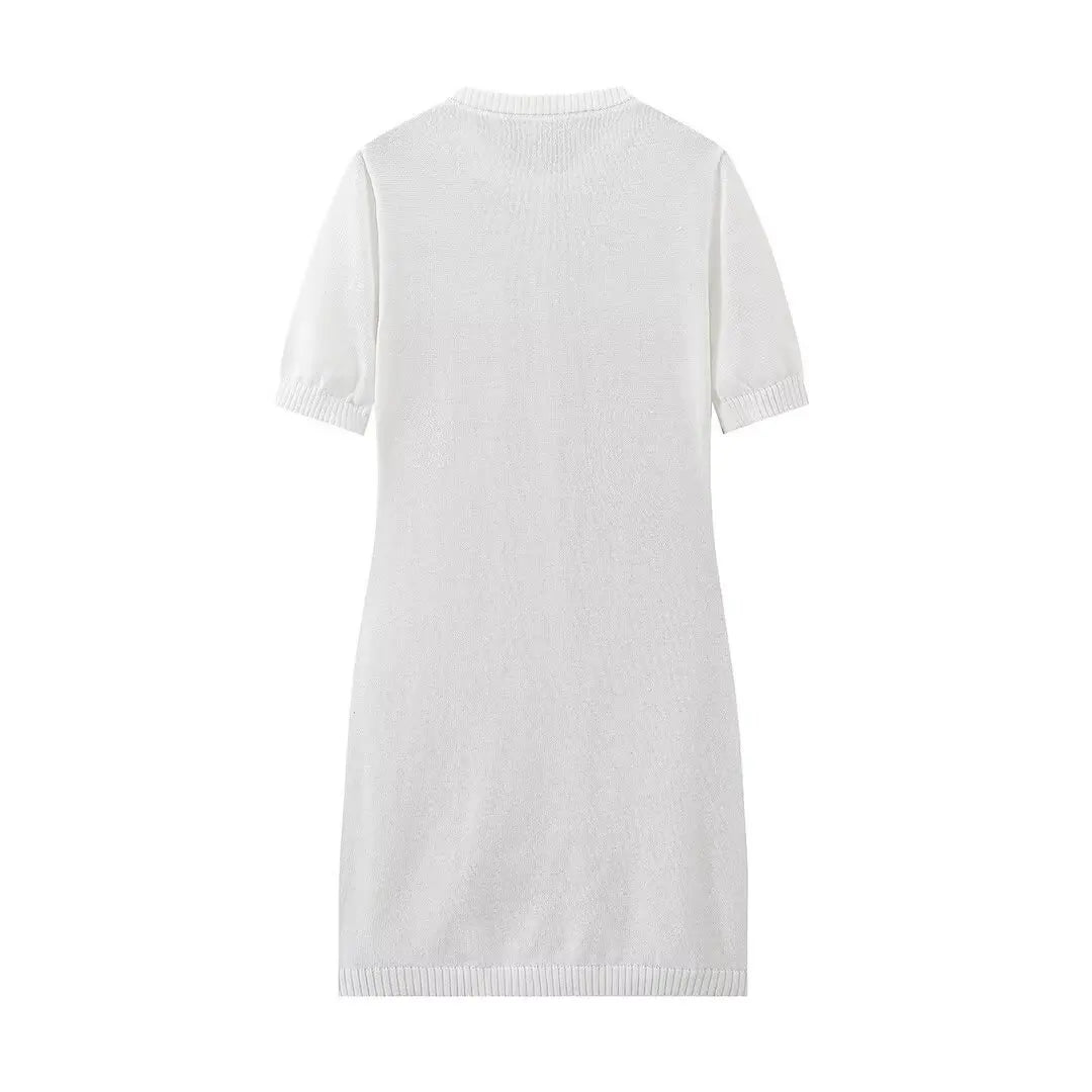 White Knit Mini Dress Short Sleeve Patchwork Pocket Loose Dress Knit Mini Dress