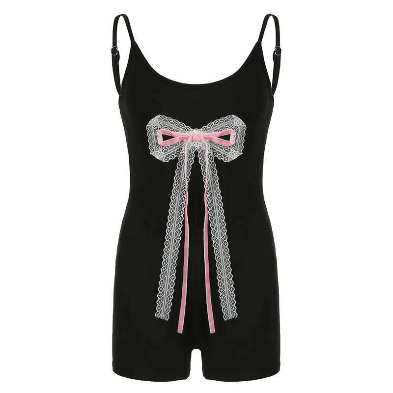 Lace Patchwork Bow Bodysuits Backless Lace-up Slim Rompers Sleeveless Bodycon 's Crewneck Jumpsuits