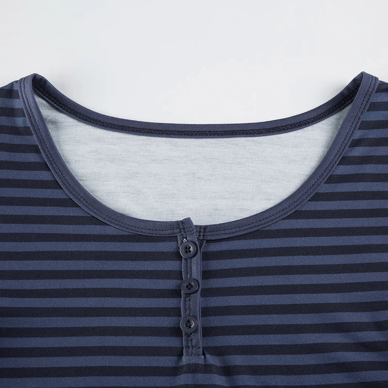 Strip Tee Shirt Button Up Slim Crewneck Top