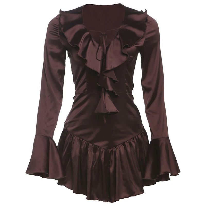 Sweet Dress v-Neck Flared Sleeves Ruffles Irregular Hem Frenulum Smooth Mini Bodycon