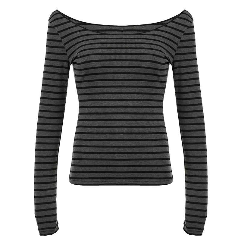 Strip Long Sleeve Tee Shirt Crewneck Slim