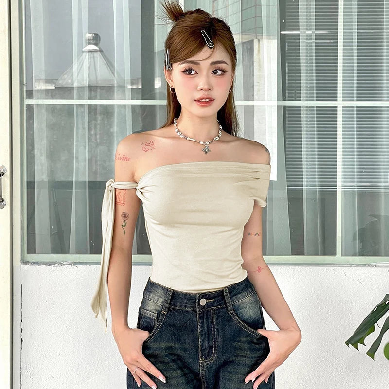 In Shrink Pleat One-Shoulder Crop Top Backless Twit Tie Aymmetric T-Shirt Top
