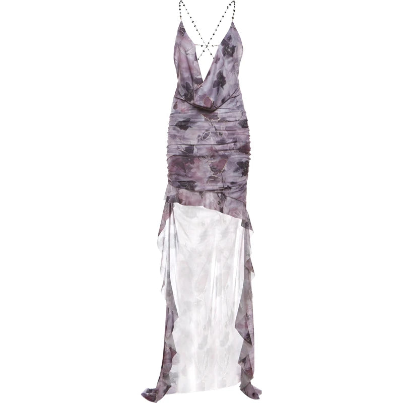 Flower Dress Chain Halter Swing Collar Backless Ruched Ruffles Long Bodycons
