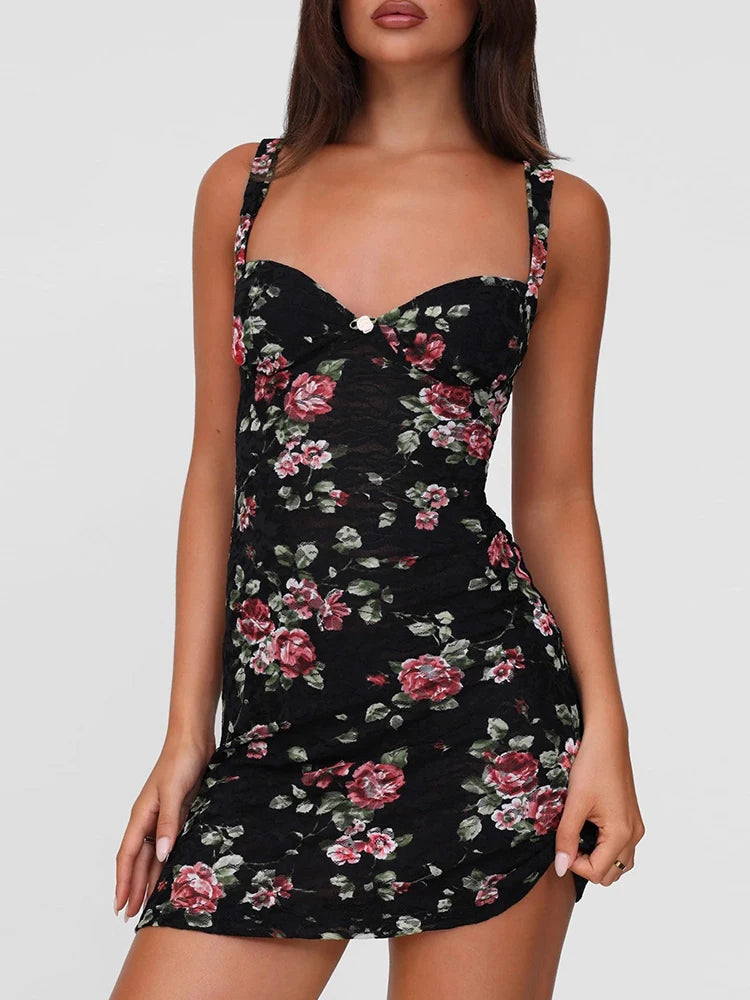 Flower Print Dress Low-Neck Backless Sleeveless Skinny Mini Bodycon