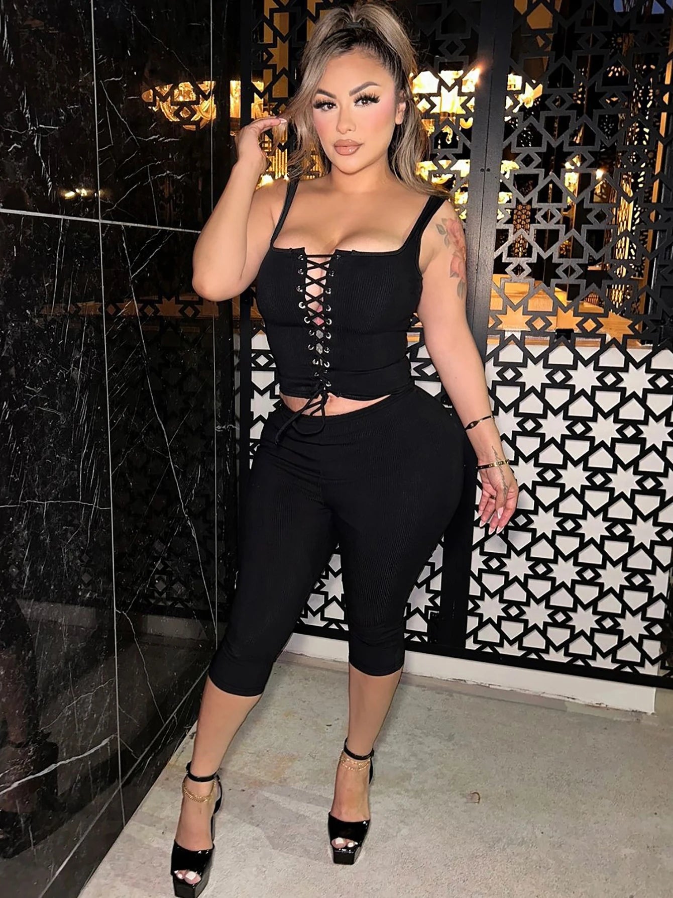 Ribbed Lace Up Crop Corset Shorts Matching Set
