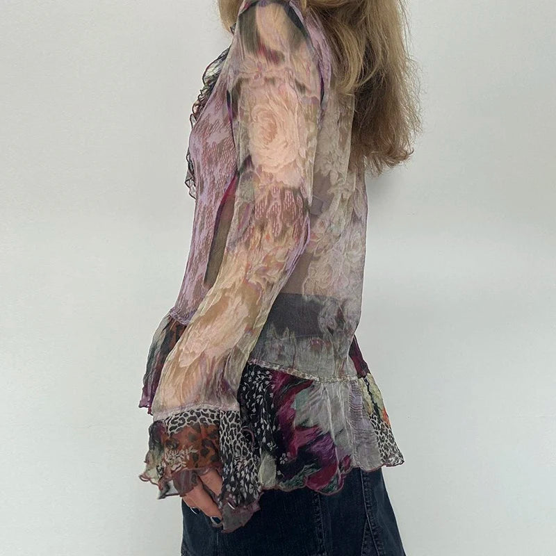 Tie Dye Shirt Ruffle Flare Sleeve Lace-up Retro See-through