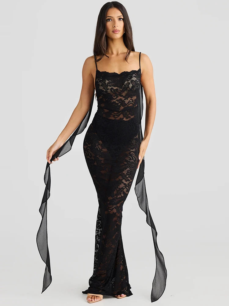Lace See Through Camisole Maxi Dress For Ribbons Sleeveless Backless Slim Bodycon Long Dress Ladies Robes