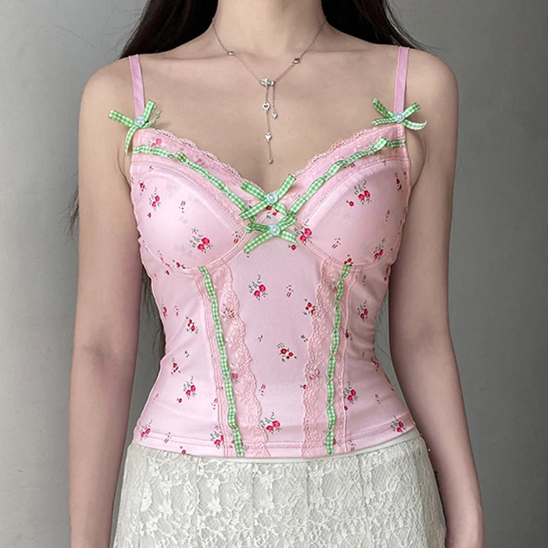 Pink Floral Lace Bow Top