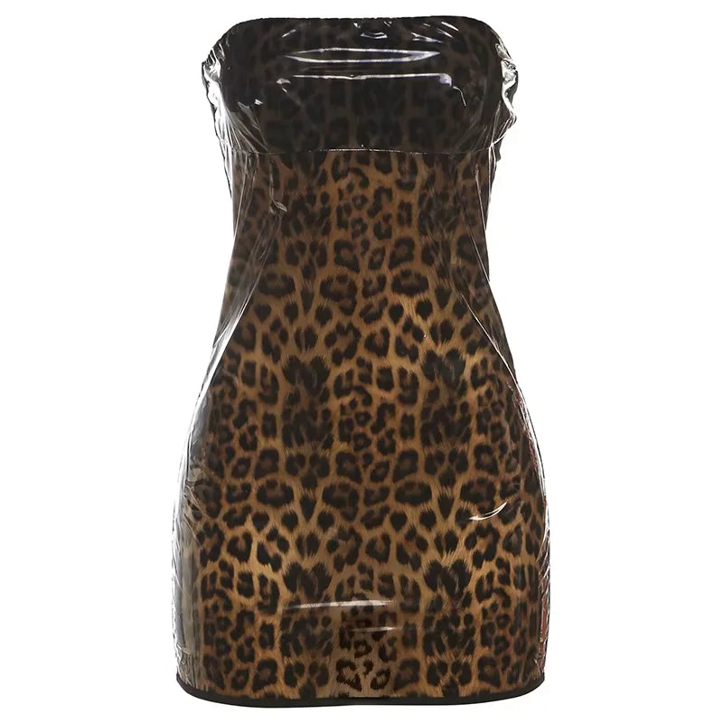 Leopard Hard Mini Dress Patchwork Body-shaping Frock Strapless Backless