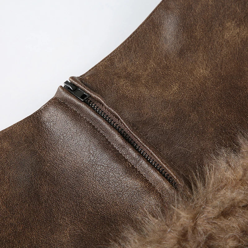 Brown Pu Leather Furry Mini Skirt