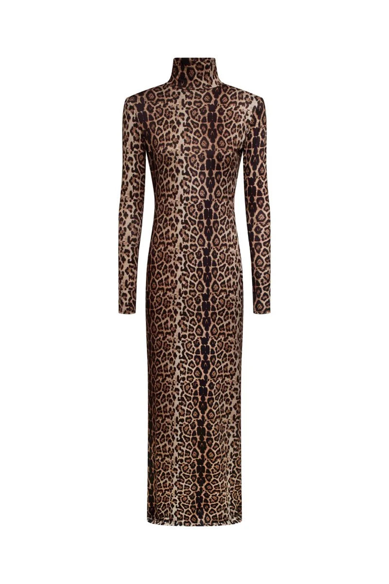 Leopard Long Sleeve Maxi Dress Turtleneck ed Bodycon Long Dress