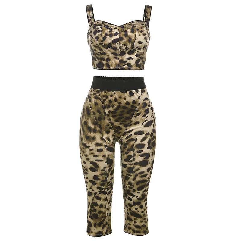 Sporty Leopard Print Tracksuit Two Piece Set Tank Top Belt Shorts Matching Street Fit Activity