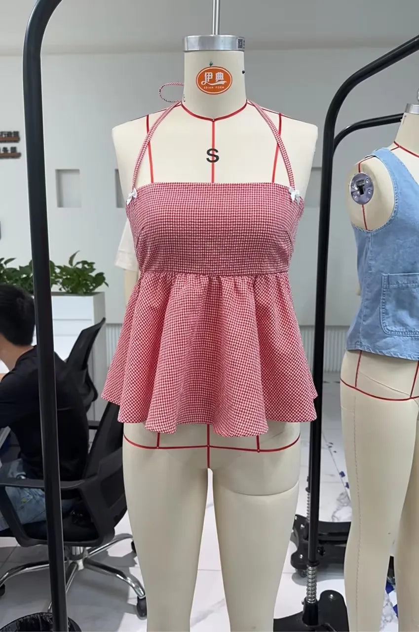 Gingham Halter Top Tie Up Sleeveless Coquette Plaid Cami Crop Top Vest