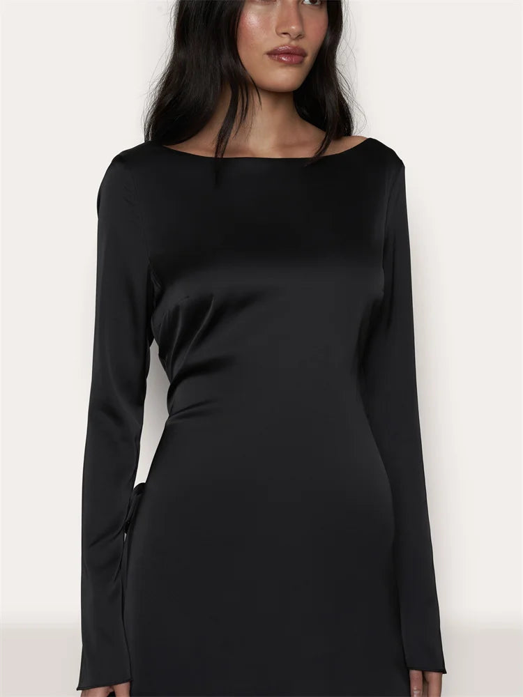 Satin Hollow Out Backless O-Neck Dress Long Sleeve Pullover Slim Fit Short Night Dress