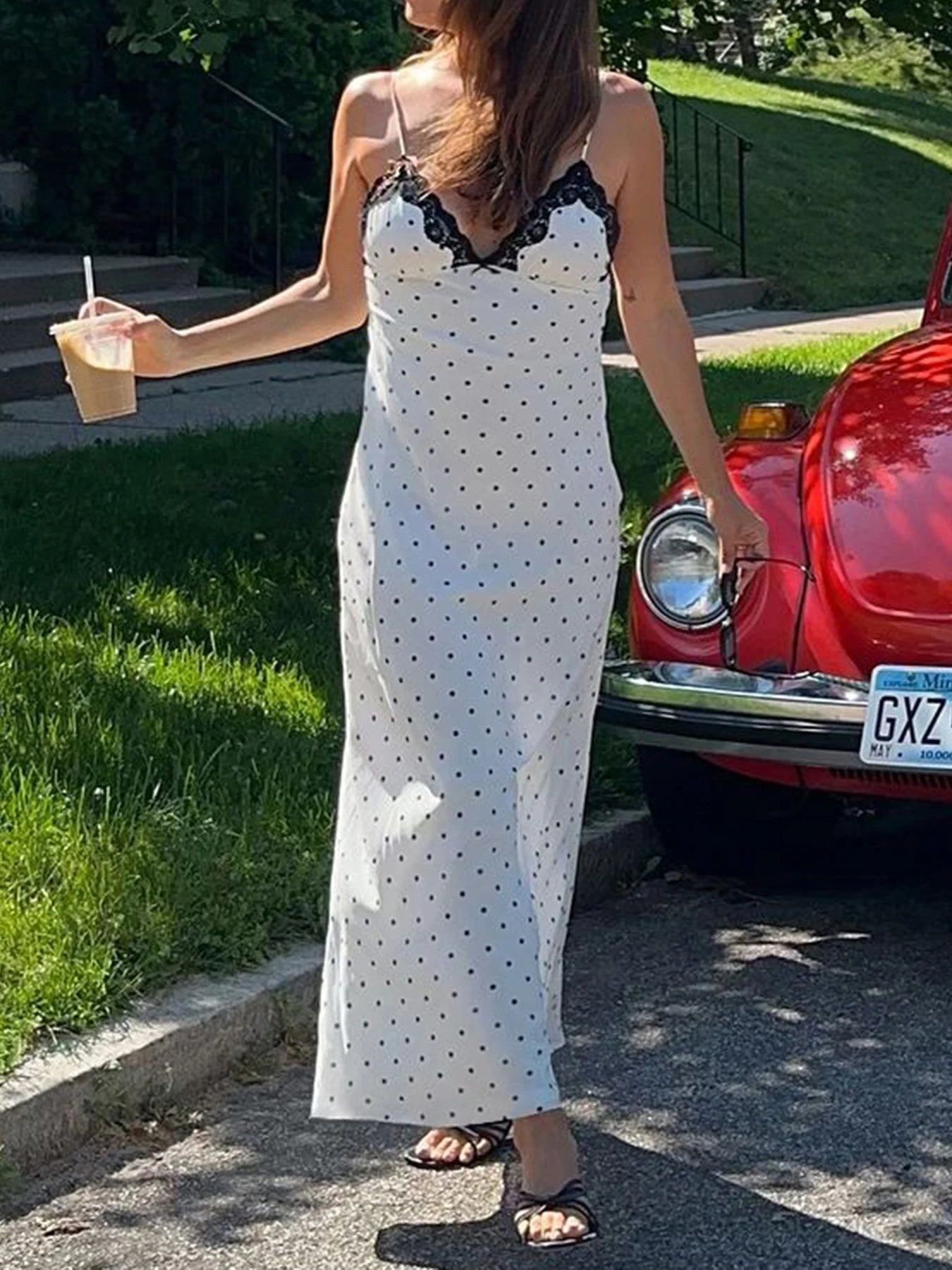 Lace Polka Dot Spaghetti Strap Dress Sleeveless