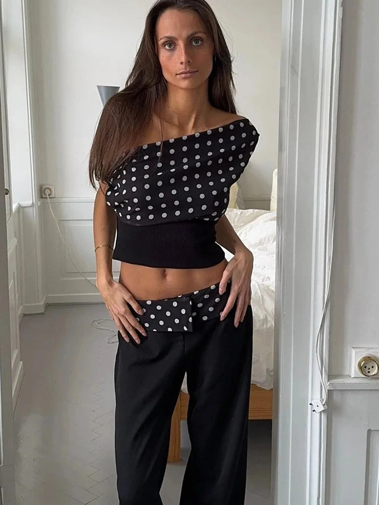 JULISSA MO Off Shoulder Print Polka Dot Top White Patchwork Backless Bandage Top Spring Slim