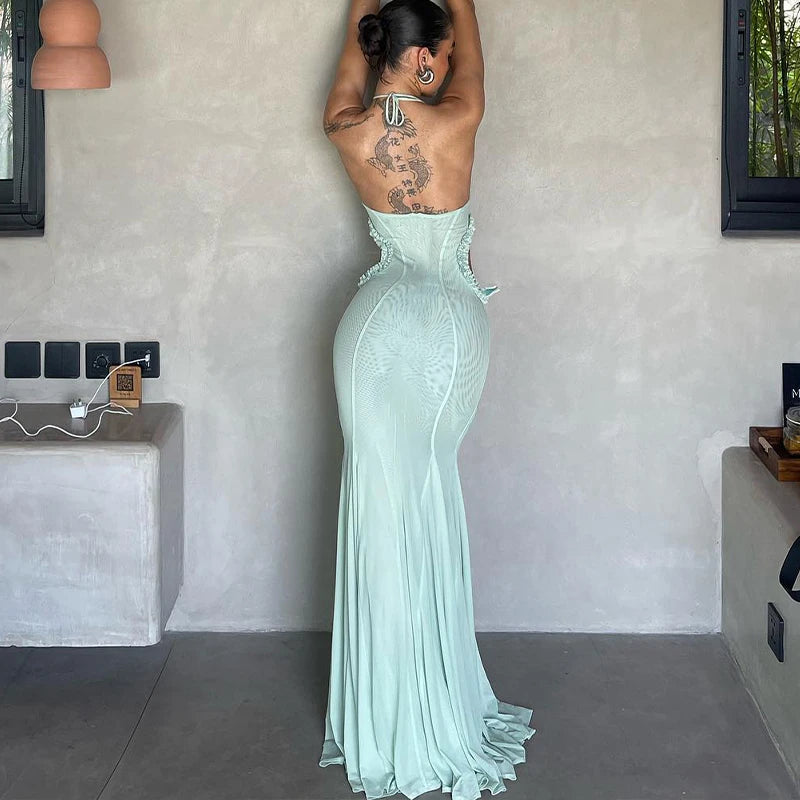Butterfly Halter See Through Hollow Out Maxi Dress