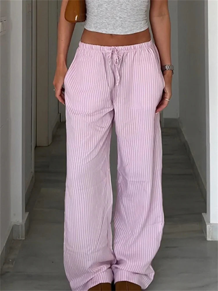 Striped Print Loose Trousers Lace-up Joggers Baggy Pants Bottoms