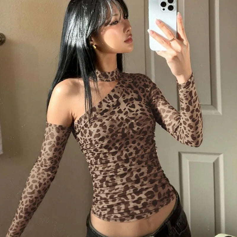 Leopard Mesh Sheer Long Sleeve Top