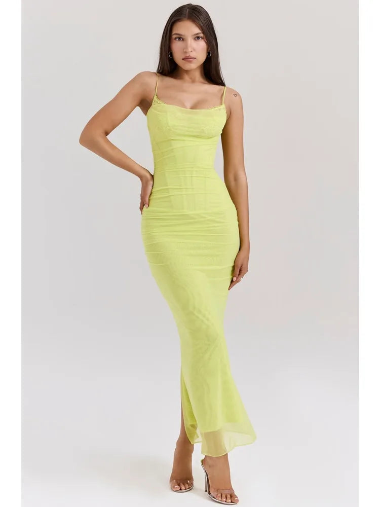 Spaghetti Strap Mesh Patchwork Double Layered Dress Bodycon Zipper Dress