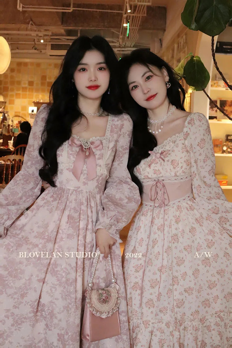 Spring Pink Floral Dress Bandage Lace Print Dress Puff Sleeve Kawaii Dress Princess Fairy
