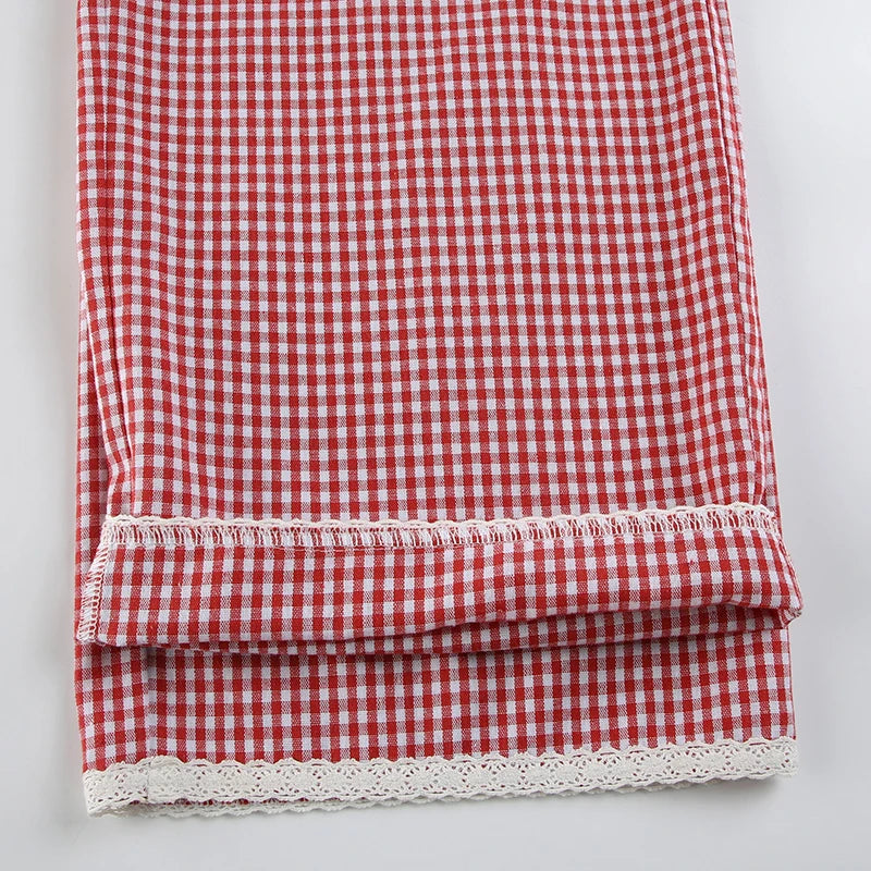 Plaid Straight Pant Lace Patchwork Bow Baggy Trouer Jogger Bottom