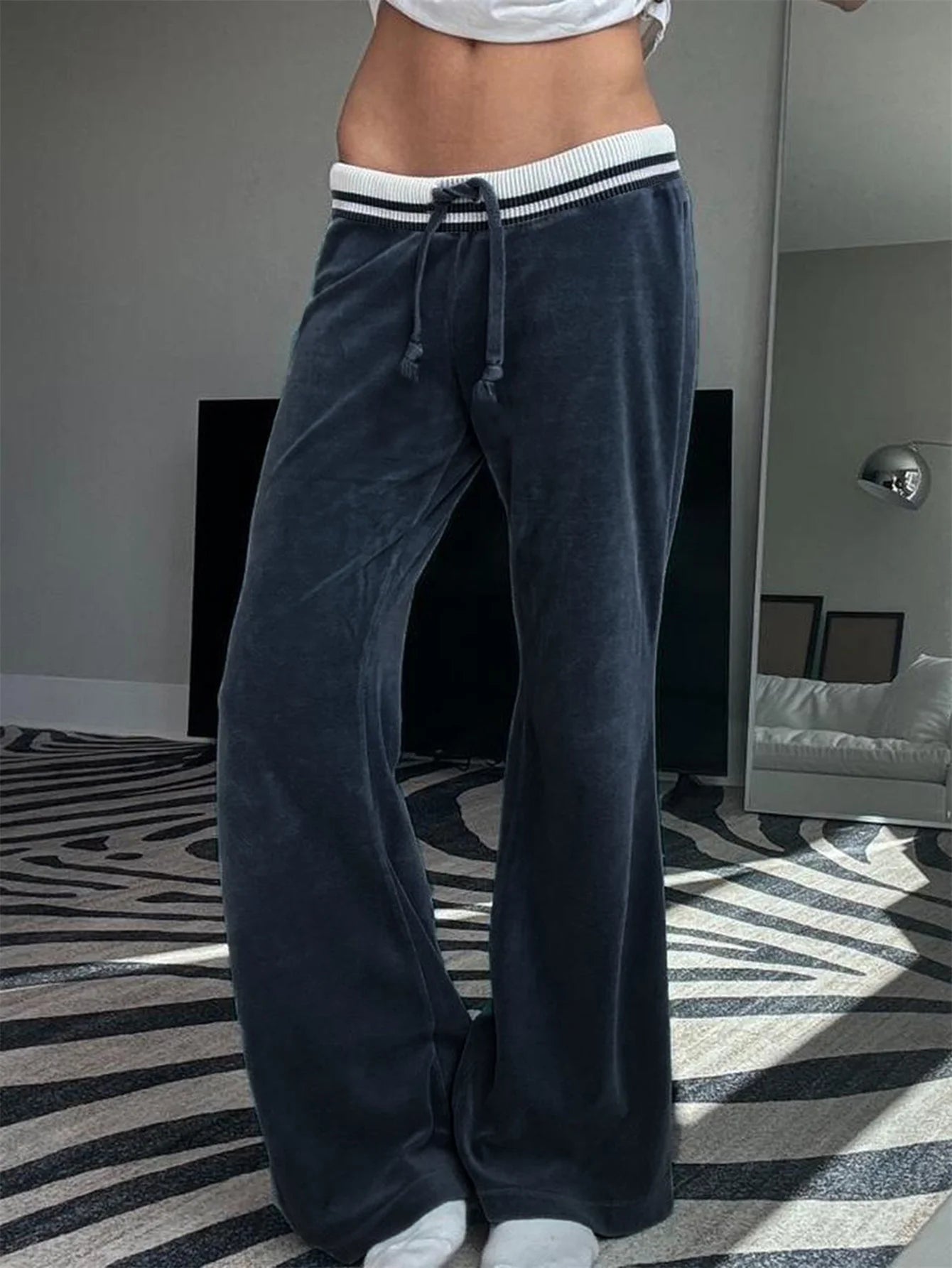 Patchwork Loose Velvet Pants Lace-up Wide Leg Trousers Baggy 's Bottoms