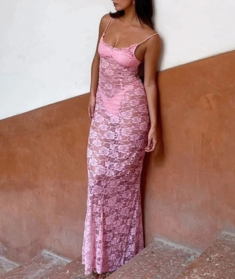 Sheer Ruffled Lace Patchwork Maxi Dress