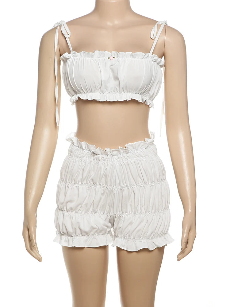 Shirring Matching 2 Piece Set Sweat Claic Bandage Strap Cami Elatic Wait Short
