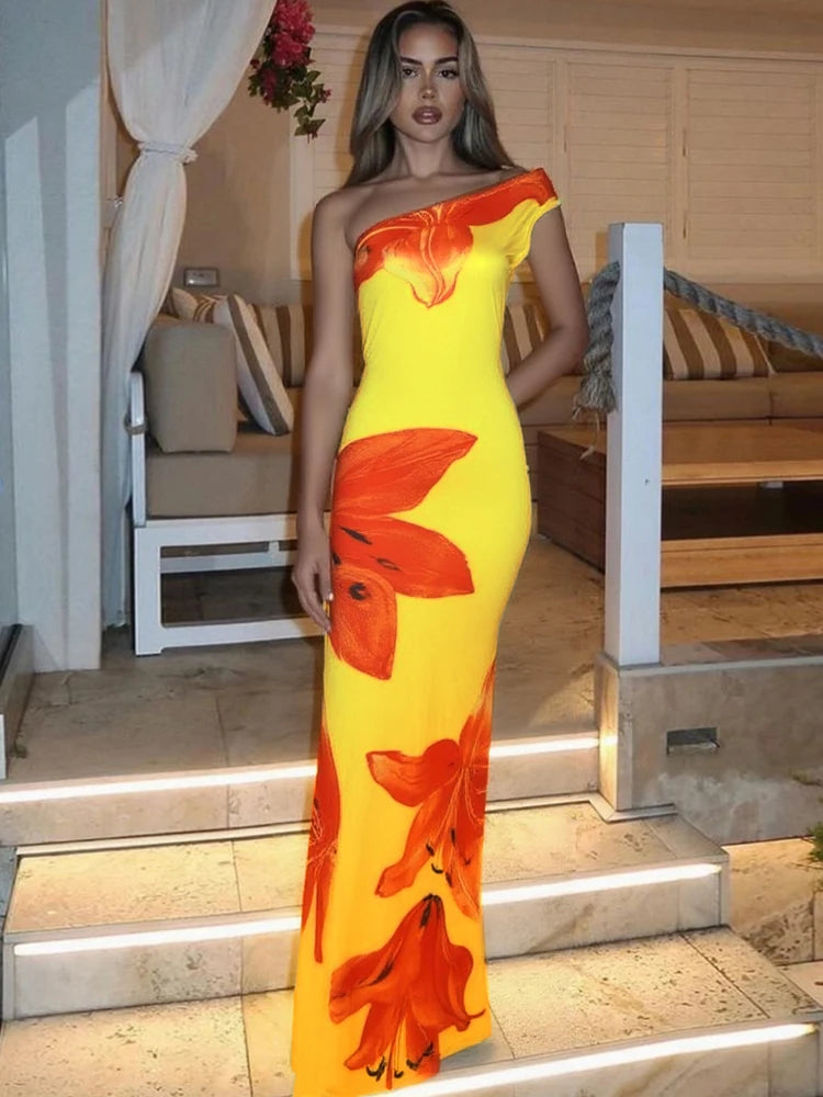 Incline Shoulder Dress Panell Sleevele Maxi Bodycon