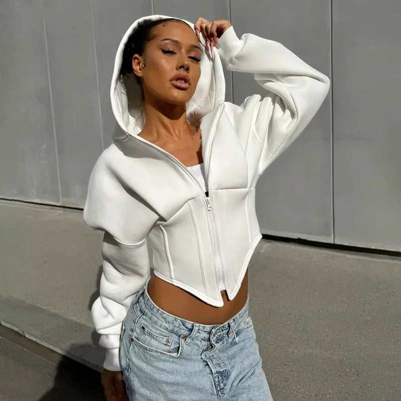Long Sleeve Fleece Zipper Cardigan Hood Sweater Girdle Short Jacket