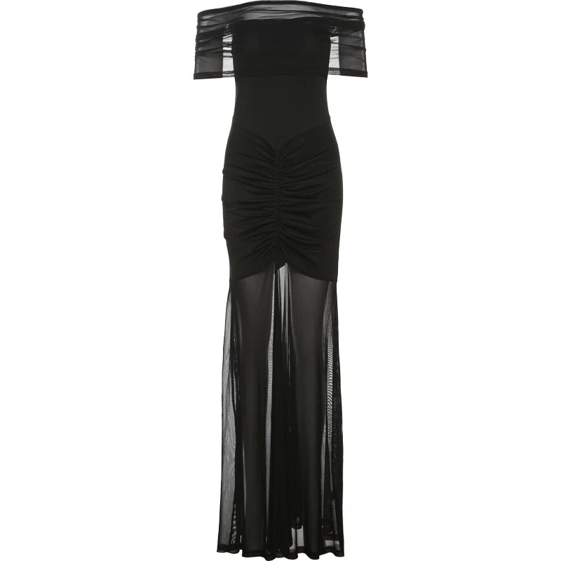 Double Deck Maxi Dress Ruched Slash Neck Short Sleeve Midnight Simple Stretch Slim