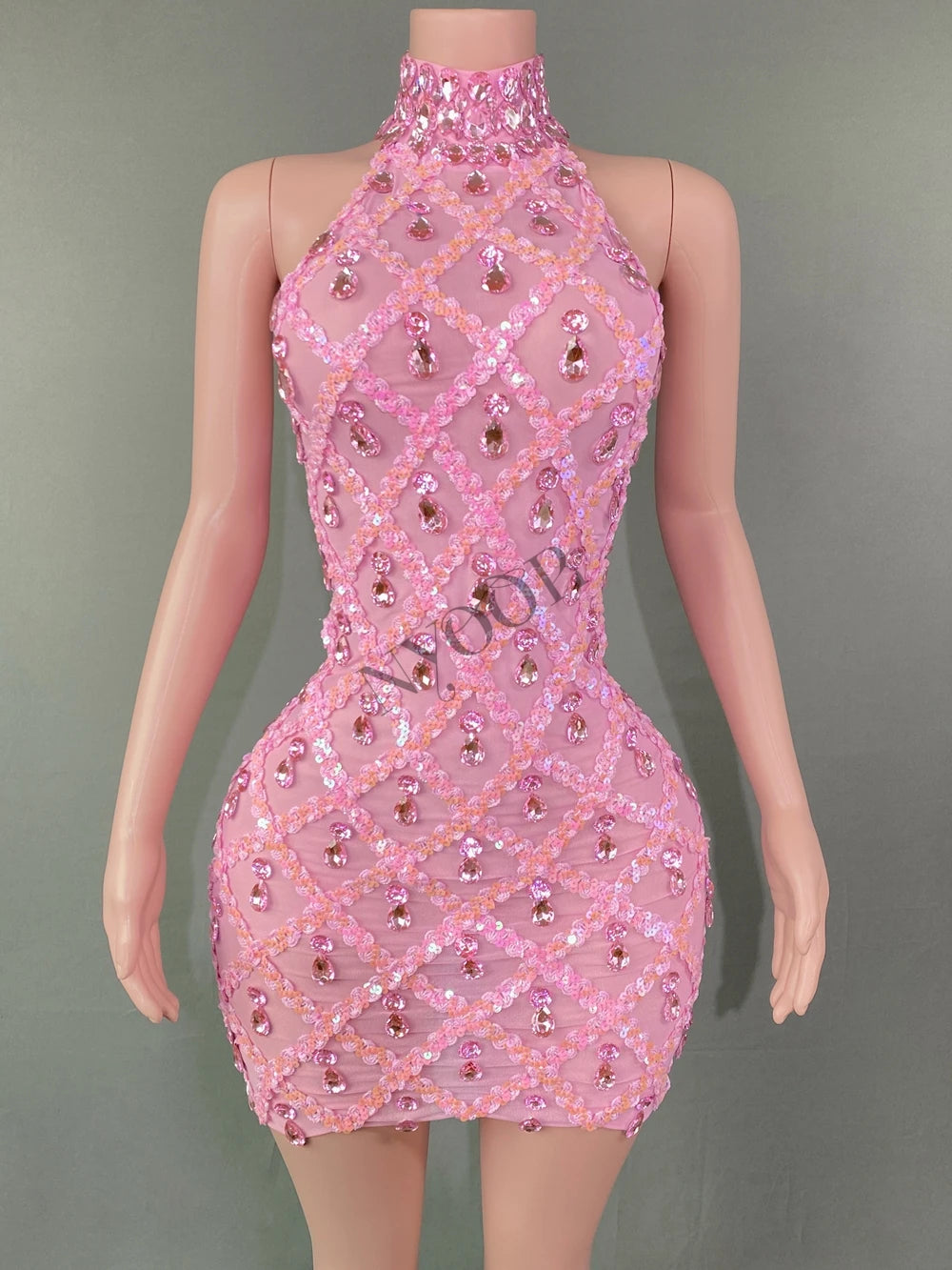 Sparkly Silver Sequins Crystals Short Dress Sleeveless Transparent Birthday Dress Singer Show Wear
