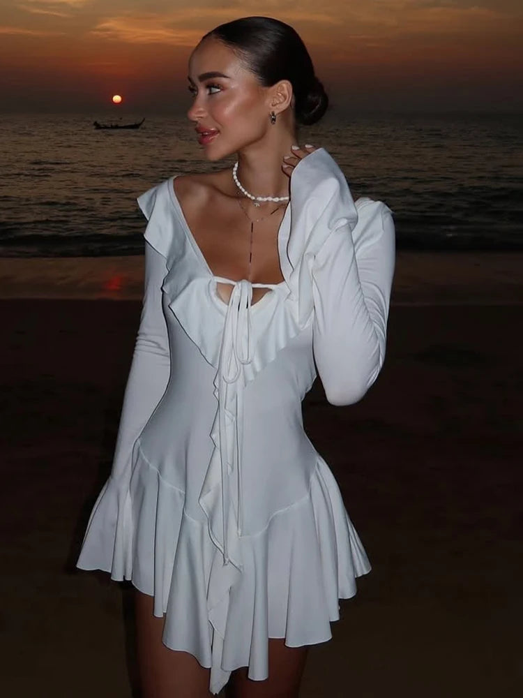 White Deep V Neck Ruffled Dress Long Flare Sleeve Short Dresses Slim