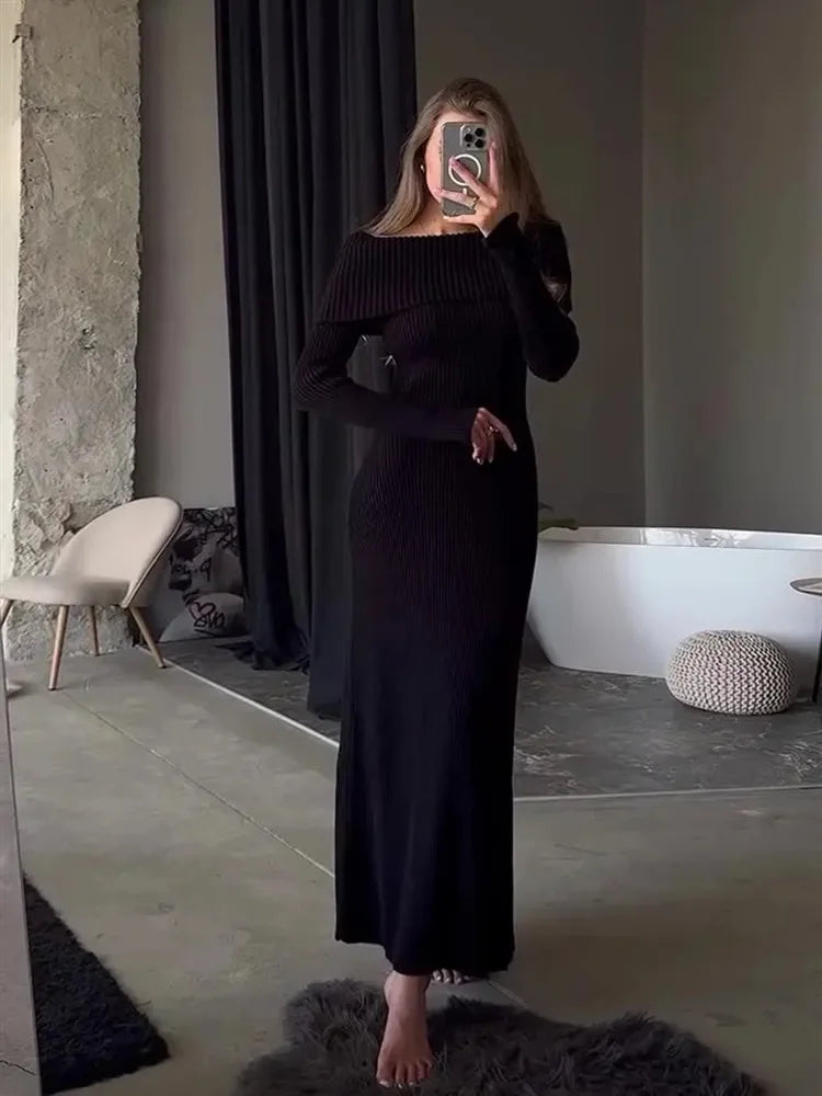 Knit Long Dress Off-Shoulder Ribbed Loose High Waist Dress Ladies Knit Maxi Dress