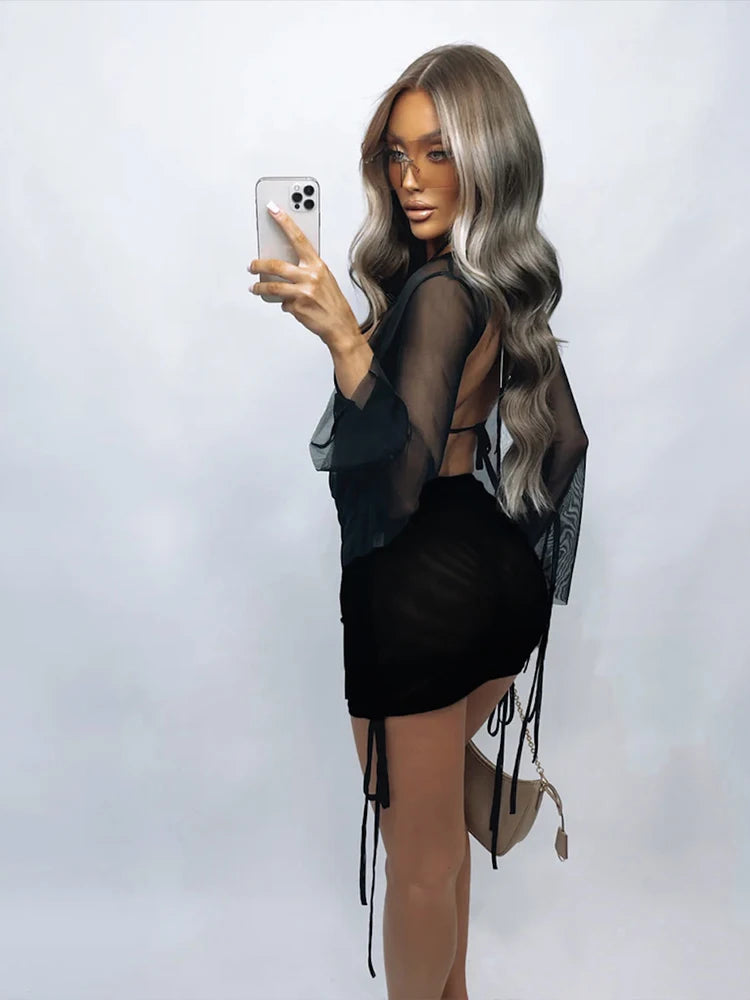 Shirring 3 Piece Set See Through Irregular Top Solid Halter Bra Ruched Skirt Suit